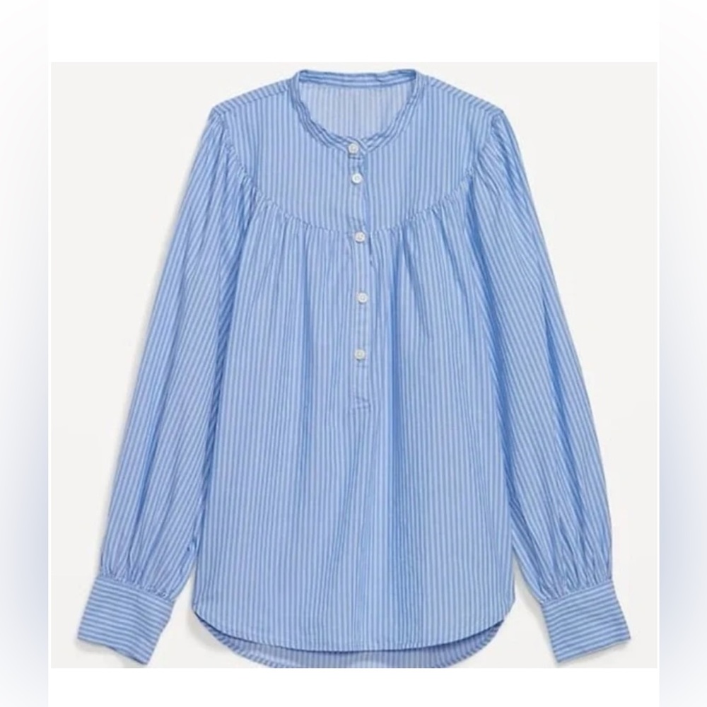 Old Navy Blue Striped Puff Sleeve Henley Blouse Size Large